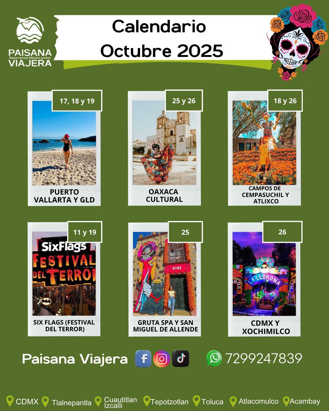 Calendario de octubre 2025 Paisana Viajera